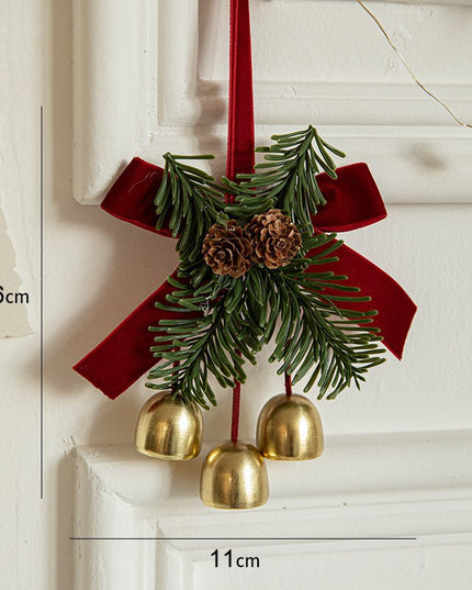 Ornament de Brad, tip Funda de Craciun cu 3 Clopotei Aurii si Conuri de Brad, Panglica Rosie de Velvet