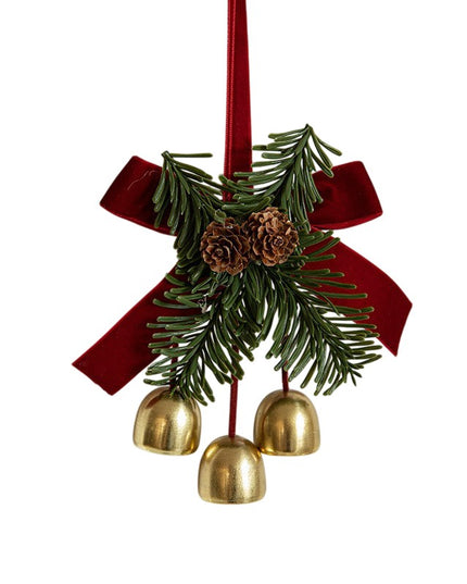 Ornament de Brad, tip Funda de Craciun cu 3 Clopotei Aurii si Conuri de Brad, Panglica Rosie de Velvet