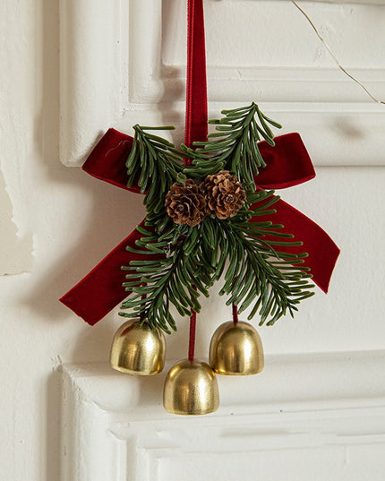Ornament de Brad, tip Funda de Craciun cu 3 Clopotei Aurii si Conuri de Brad, Panglica Rosie de Velvet