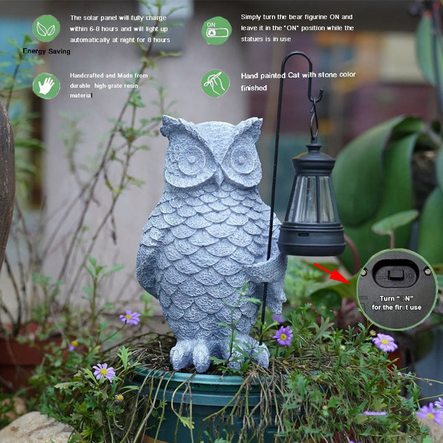 Ornament de Decor pentru Gradina cu LED, Model Bufnita cu Felinar, Decoratiune Exterioara pentru Casa si Gradina, din Rasina