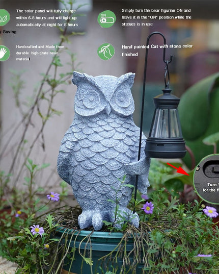 Ornament de Decor pentru Gradina cu LED, Model Bufnita cu Felinar, Decoratiune Exterioara pentru Casa si Gradina, din Rasina