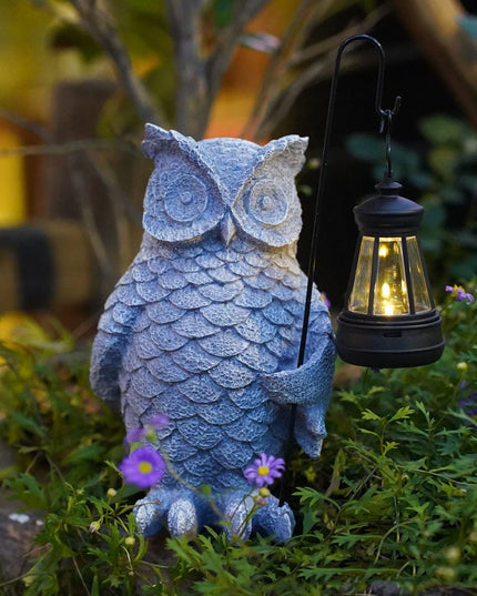 Ornament de Decor pentru Gradina cu LED, Model Bufnita cu Felinar, Decoratiune Exterioara pentru Casa si Gradina, din Rasina