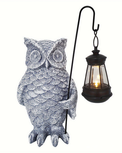Ornament de Decor pentru Gradina cu LED, Model Bufnita cu Felinar, Decoratiune Exterioara pentru Casa si Gradina, din Rasina