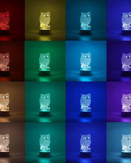 Lampa LED decorativa, 3D, Bufnita, cu USB si baterii, inaltime, din material acril, lumina multicolora si telecomanda inclusa