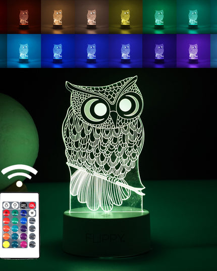 Lampa LED decorativa, 3D, Bufnita, cu USB si baterii, inaltime, din material acril, lumina multicolora si telecomanda inclusa