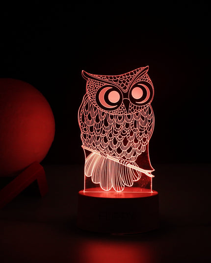 Lampa LED decorativa, 3D, Bufnita, cu USB si baterii, inaltime, din material acril, lumina multicolora si telecomanda inclusa