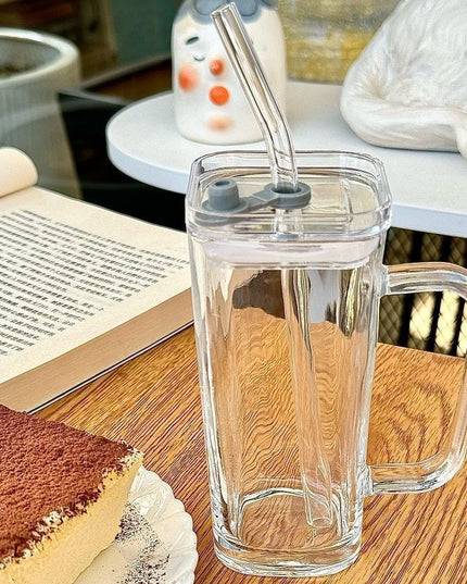 Pahar pentru Racoritoare, din Sticla, 330 ml, cu Pai si Maner, Model Clear