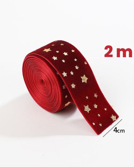 Panglica Decorativa de Craciun, Panglica din Panza cu aspec de Catifea, Funda Ornament, Model cu Stele Aurii, Decor pentru Brad de Craciun