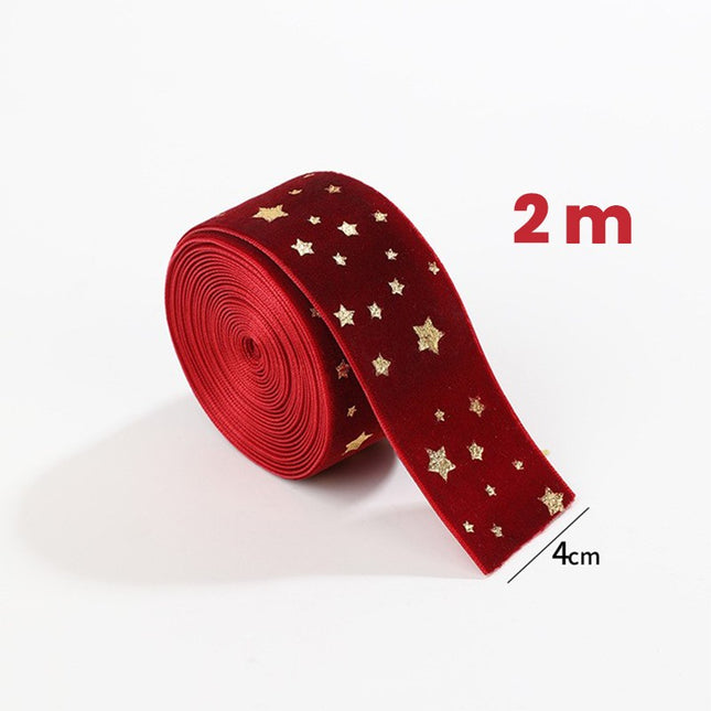 Panglica Decorativa de Craciun, Panglica din Panza cu aspec de Catifea, Funda Ornament, Model cu Stele Aurii, Decor pentru Brad de Craciun