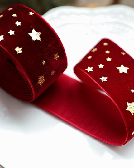 Panglica Decorativa de Craciun, Panglica din Panza cu aspec de Catifea, Funda Ornament, Model cu Stele Aurii, Decor pentru Brad de Craciun