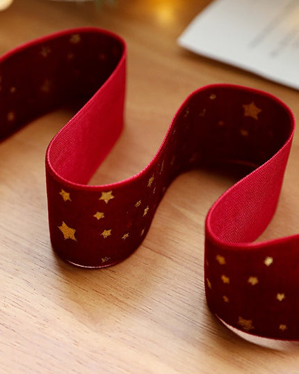 Panglica Decorativa de Craciun, Panglica din Panza cu aspec de Catifea, Funda Ornament, Model cu Stele Aurii, Decor pentru Brad de Craciun