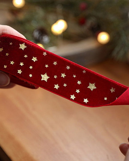 Panglica Decorativa de Craciun, Panglica din Panza cu aspec de Catifea, Funda Ornament, Model cu Stele Aurii, Decor pentru Brad de Craciun