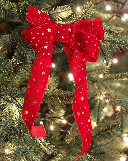 Panglica Decorativa de Craciun, Panglica din Panza cu aspec de Catifea, Funda Ornament, Model cu Stele Aurii, Decor pentru Brad de Craciun