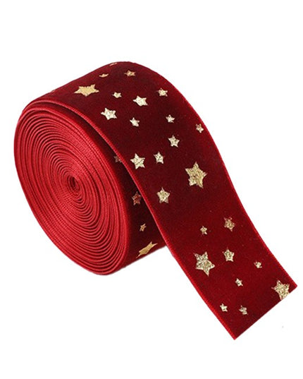 Panglica Decorativa de Craciun, Panglica din Panza cu aspec de Catifea, Funda Ornament, Model cu Stele Aurii, Decor pentru Brad de Craciun