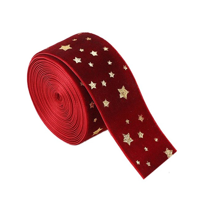 Panglica Decorativa de Craciun, Panglica din Panza cu aspec de Catifea, Funda Ornament, Model cu Stele Aurii, Decor pentru Brad de Craciun