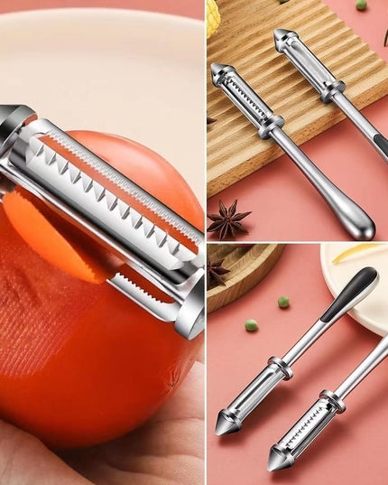 Peeler 2in1 pentru Legume si Fructe, Multifunctional, cu 2 Lame de Curatati si Feliat, Varf Ascutit pentru Gaurit,din Otel Inoxidabil