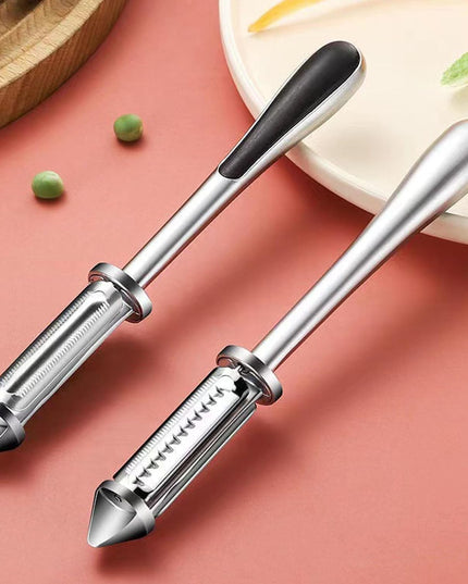 Peeler 2in1 pentru Legume si Fructe, Multifunctional, cu 2 Lame de Curatati si Feliat, Varf Ascutit pentru Gaurit,din Otel Inoxidabil