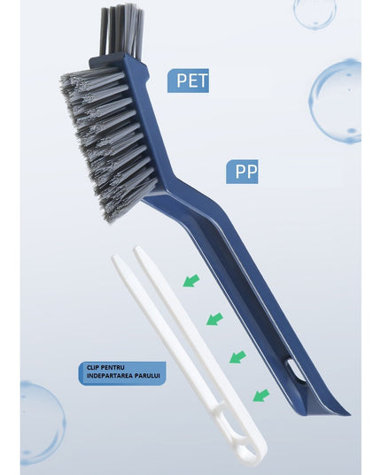 Perie 3in1 de Curatat Podele si Rosturi, Lungime Maner 28 cm, Peri din PP, Otel si Plastic, Cleste pentru Scame si Par Inclus
