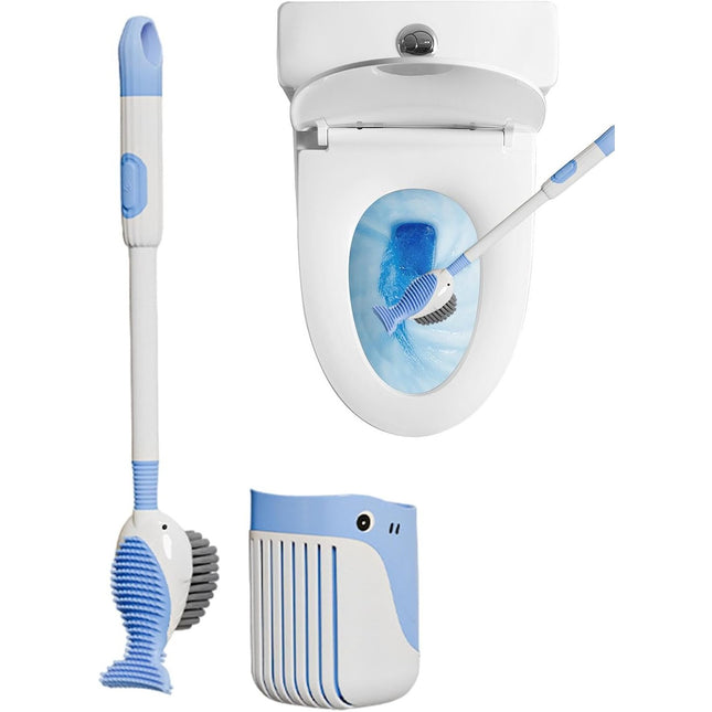 Perie de Toaleta, cu Suport de Perete, Recipient Detergent, 2 Tipuri de Perii, Model Balena