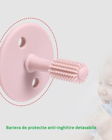 Periuta de Dinti din Silicon pentru Bebelusi, fara BPA, 360 Grade, Bariera Anti-Inghitire, Maner Ergonomic, 12.5 x 15 cm