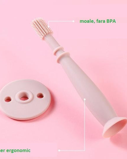 Periuta de Dinti din Silicon pentru Bebelusi, fara BPA, 360 Grade, Bariera Anti-Inghitire, Maner Ergonomic, 12.5 x 15 cm