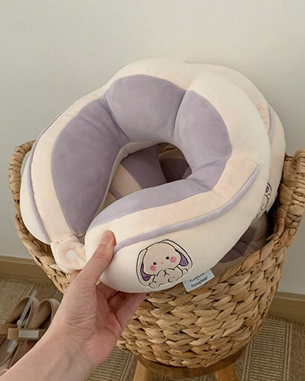 Perna de Calatorie, Pentru Gat si Cap, Umplutura din Bumbac,cu Model Brodat Iepure, Lila