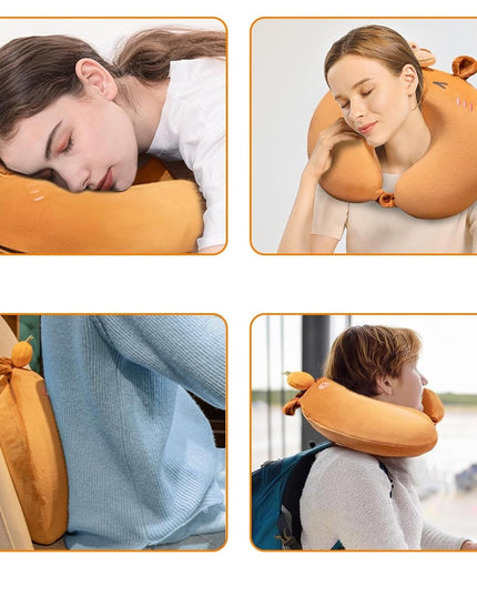 Perna de Calatorie in Forma de U, Pentru Gat si Cap, Umplutura din Spuma cu Memorie,Model Capybara, Accesoriu de Voiaj, Birou, Masina, Sistem Prindere Capse