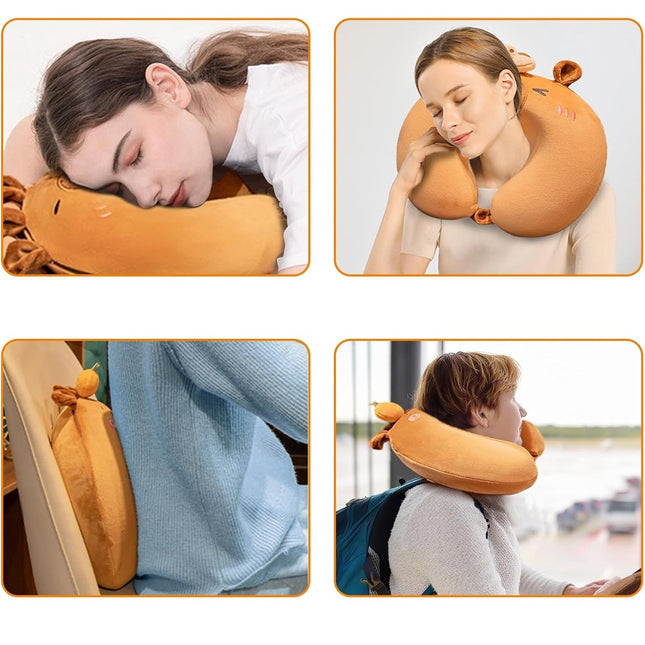 Perna de Calatorie in Forma de U, Pentru Gat si Cap, Umplutura din Spuma cu Memorie,Model Capybara, Accesoriu de Voiaj, Birou, Masina, Sistem Prindere Capse