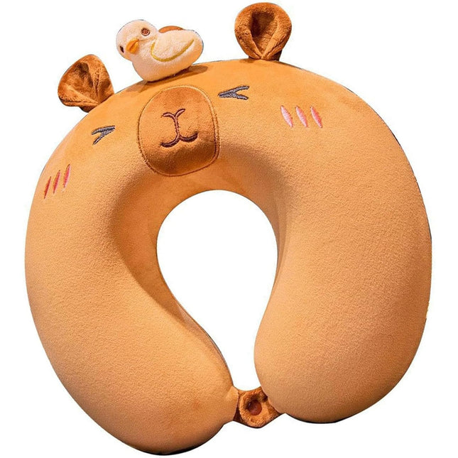 Perna de Calatorie in Forma de U, Pentru Gat si Cap, Umplutura din Spuma cu Memorie,Model Capybara, Accesoriu de Voiaj, Birou, Masina, Sistem Prindere Capse