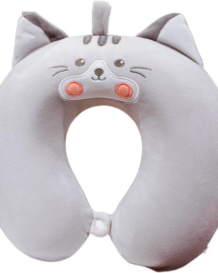 Perna de Calatorie in Forma de U, Pentru Gat si Cap, Umplutura din Spuma cu Memorie,Model Pisica, Accesoriu de Voiaj, Birou, Masina, Sistem Prindere Capse