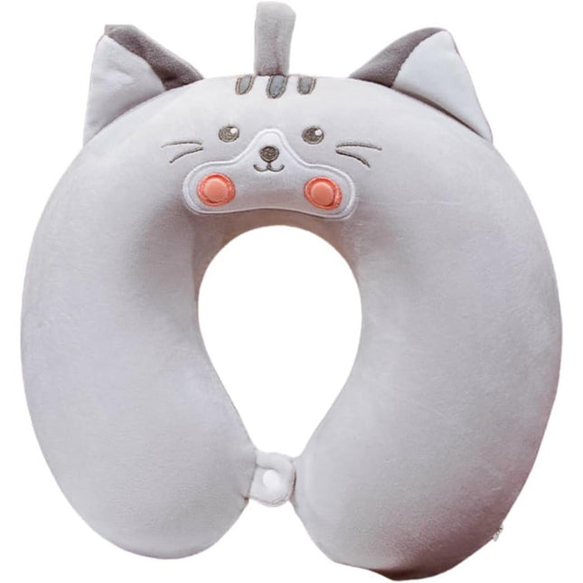 Perna de Calatorie in Forma de U, Pentru Gat si Cap, Umplutura din Spuma cu Memorie,Model Pisica, Accesoriu de Voiaj, Birou, Masina, Sistem Prindere Capse