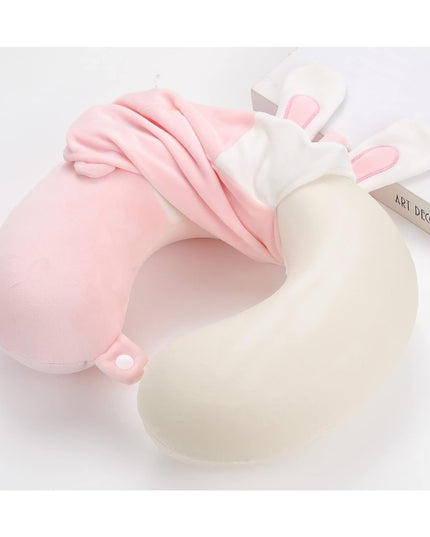 Perna de Calatorie in Forma de U, Pentru Gat si Cap, Umplutura din Spuma cu Memorie,Model Iepuras, Accesoriu de Voiaj, Birou, Masina, Sistem Prindere Capse