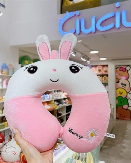 Perna de Calatorie in Forma de U, Pentru Gat si Cap, Umplutura din Spuma cu Memorie,Model Iepuras, Accesoriu de Voiaj, Birou, Masina, Sistem Prindere Capse