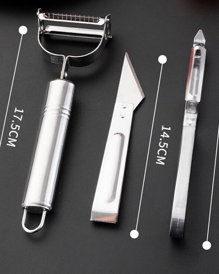 Accesorii de Curatat Decojit Fructe Legume, 3 Piese, Feliator Cutit Decojitor, Legume si Fructe, din Otel Inoxidabil, cu Maner
