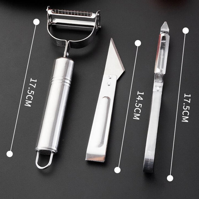Accesorii de Curatat Decojit Fructe Legume, 3 Piese, Feliator Cutit Decojitor, Legume si Fructe, din Otel Inoxidabil, cu Maner