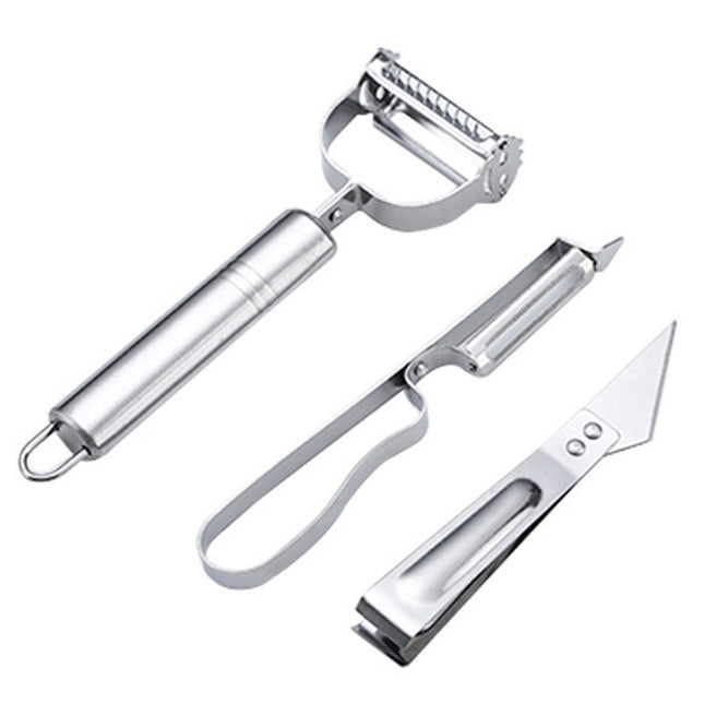 Accesorii de Curatat Decojit Fructe Legume, 3 Piese, Feliator Cutit Decojitor, Legume si Fructe, din Otel Inoxidabil, cu Maner
