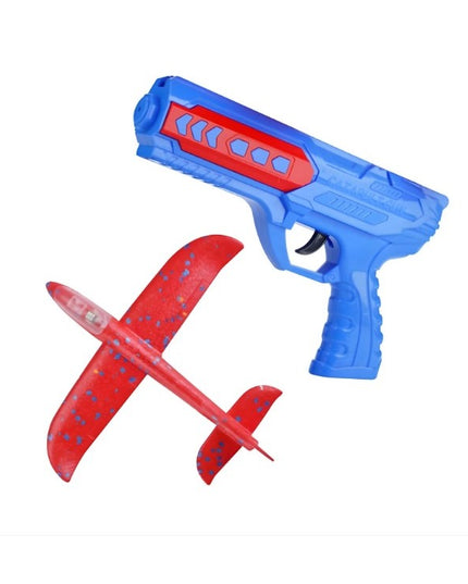 Pistol cu Lansator de Avion, din Polistiren+Plastic, +3 Ani, Avion 24 cm, Lansare 10 m, cu Lumini, /