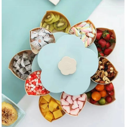 Tava pentru Servire, pentru Fructe / Legume / Snackuri, cu Sertare, Deschidere Rotativa, pe 2 Straturi, in Forma de Floare