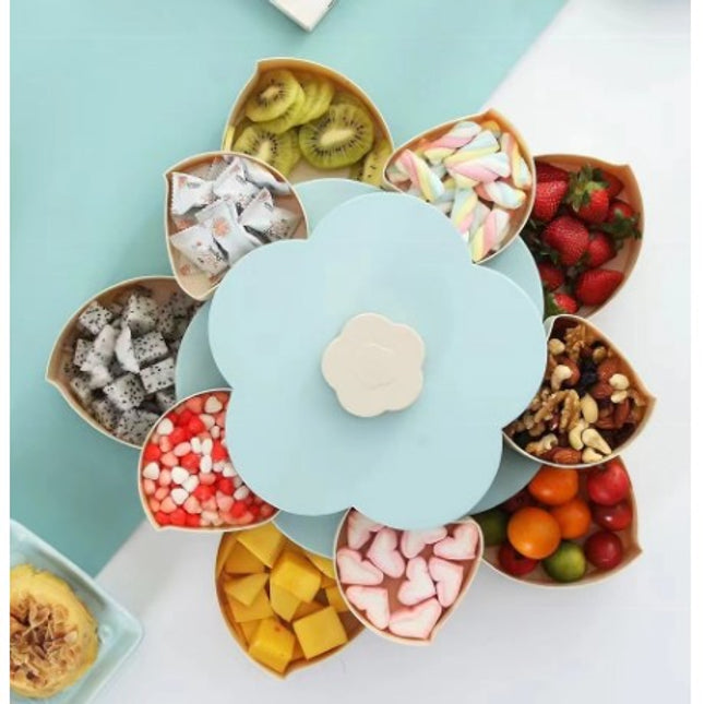 Tava pentru Servire, pentru Fructe / Legume / Snackuri, cu Sertare, Deschidere Rotativa, pe 2 Straturi, in Forma de Floare