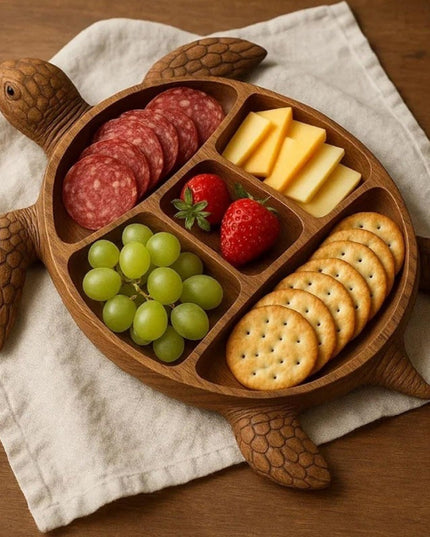 Platou pentru Servire, in Forma de Broasca Testoasa, 3 Compartimente pentru Mezeluri, Branzeturi, Snacksuri, Fructe, Design Artistic, din Lemn Masiv