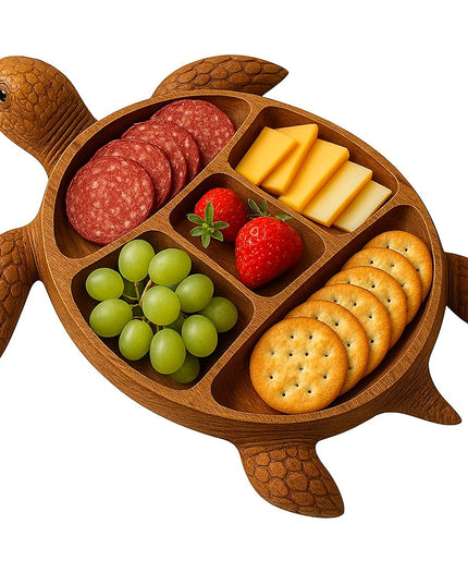 Platou pentru Servire, in Forma de Broasca Testoasa, 3 Compartimente pentru Mezeluri, Branzeturi, Snacksuri, Fructe, Design Artistic, din Lemn Masiv