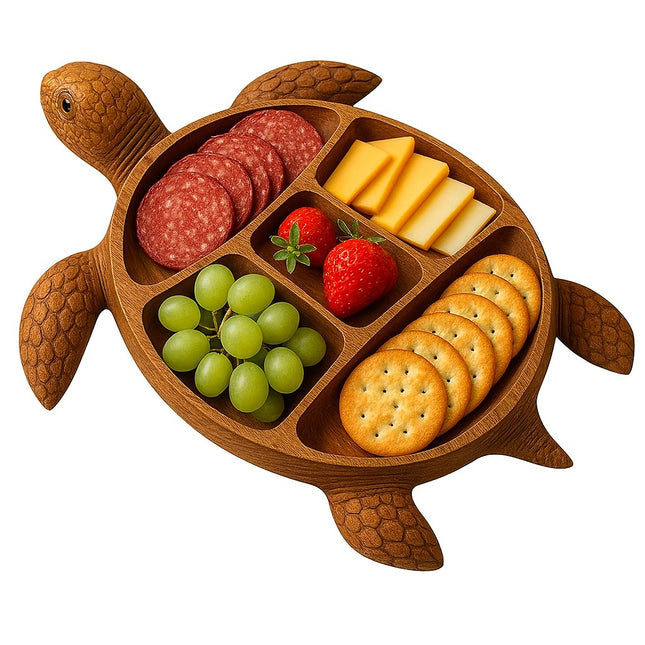 Platou pentru Servire, in Forma de Broasca Testoasa, 3 Compartimente pentru Mezeluri, Branzeturi, Snacksuri, Fructe, Design Artistic, din Lemn Masiv