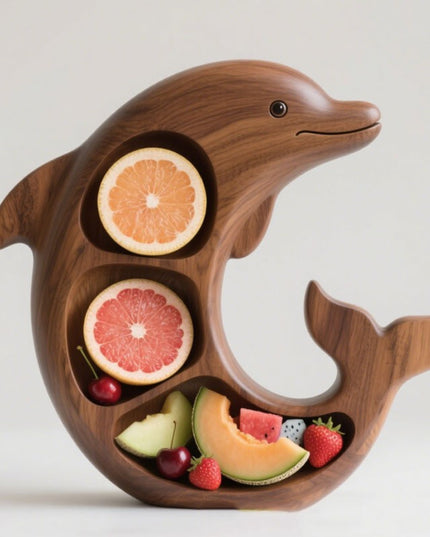 Platou pentru Servire, in Forma de Delfin, 3 Compartimente pentru Mezeluri, Branzeturi, Snacksuri, Fructe, Design Artistic, din Lemn Masiv