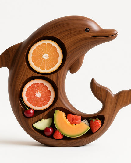 Platou pentru Servire, in Forma de Delfin, 3 Compartimente pentru Mezeluri, Branzeturi, Snacksuri, Fructe, Design Artistic, din Lemn Masiv