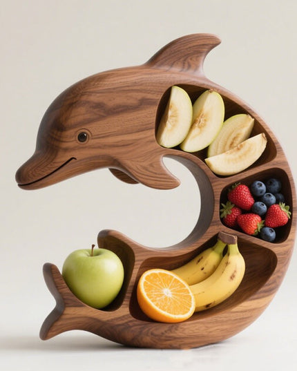 Platou pentru Servire, in Forma de Delfin, 4 Compartimente pentru Mezeluri, Branzeturi, Snacksuri, Fructe, Design Artistic, din Lemn Masiv