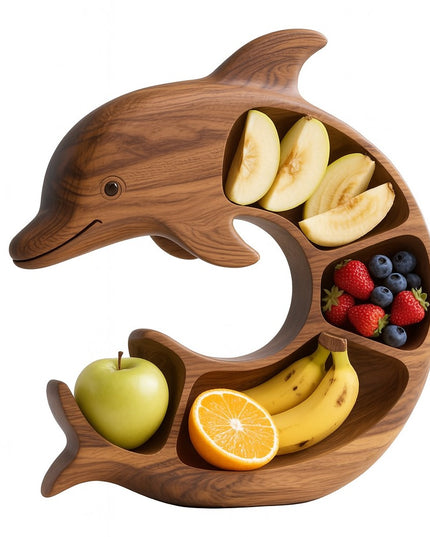 Platou pentru Servire, in Forma de Delfin, 4 Compartimente pentru Mezeluri, Branzeturi, Snacksuri, Fructe, Design Artistic, din Lemn Masiv