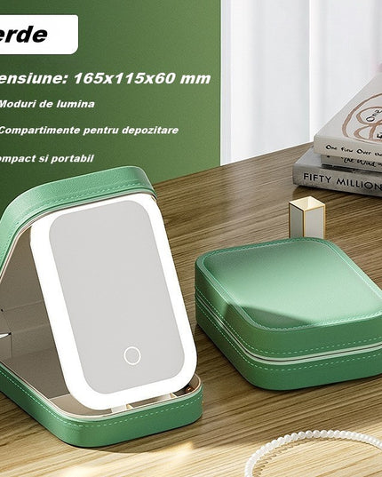 Portfard, Geanta Cosmetice, cu Oglinda LED, 3 Moduri de Lumina, Incarcare USB, Baterie 1200 mAh, pentru Organizarea Cosmeticelor, 4 Compartimente, Imitatie Piele,16.5x11.5x6 cm