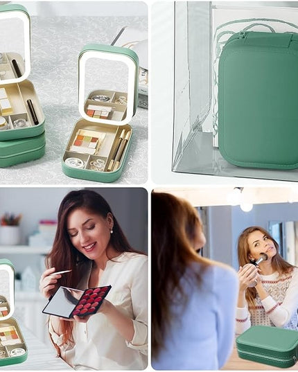 Portfard, Geanta Cosmetice, cu Oglinda LED, 3 Moduri de Lumina, Incarcare USB, Baterie 1200 mAh, pentru Organizarea Cosmeticelor, 4 Compartimente, Imitatie Piele,16.5x11.5x6 cm