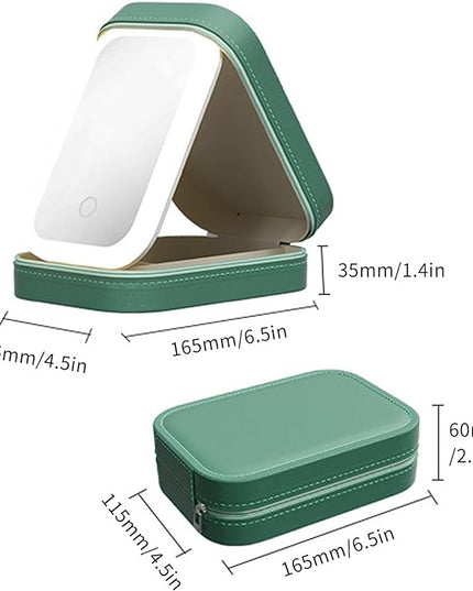 Portfard, Geanta Cosmetice, cu Oglinda LED, 3 Moduri de Lumina, Incarcare USB, Baterie 1200 mAh, pentru Organizarea Cosmeticelor, 4 Compartimente, Imitatie Piele,16.5x11.5x6 cm