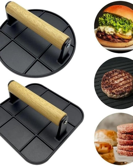 Presa Manuala pentru Carne, din Aliaj de Aluminiu, Maner din Lemn, Presa pentru Burgeri, Usor de Curatat si Folosit, Patrata,Neagra